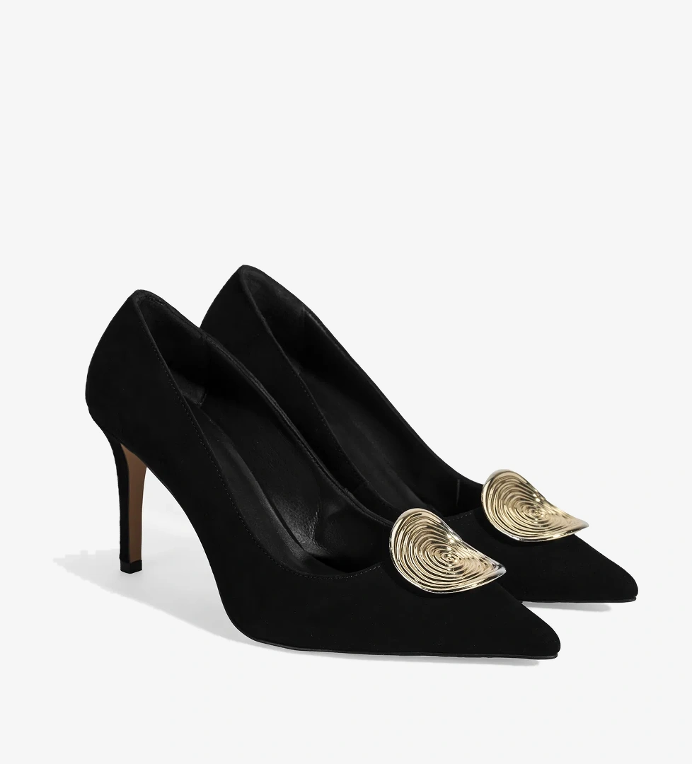 Kadın Siyah Gold Toka Detaylı Süet Topuklu Ayakkabı - Görsel 1