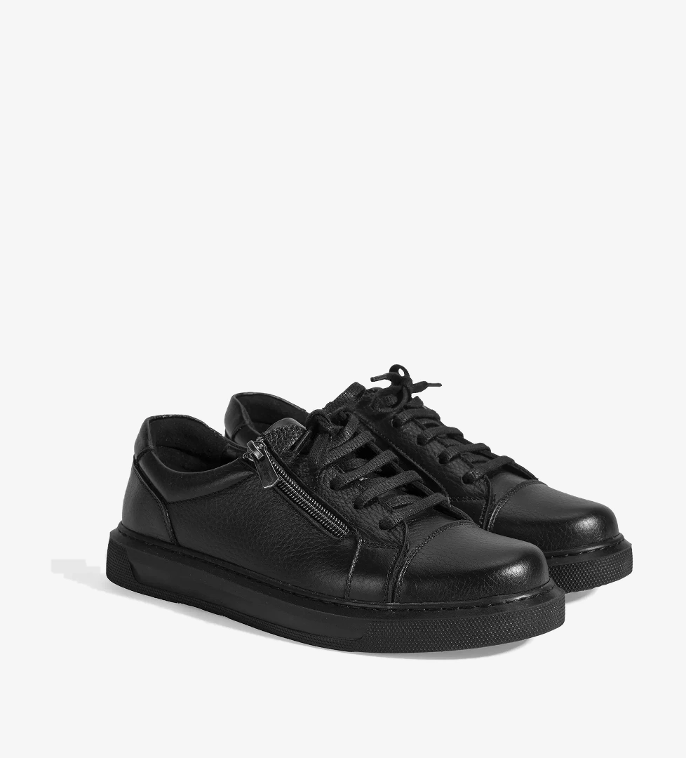 Kadın Siyah Bağcıklı Fermuar Detaylı Deri Günlük Ayakkabı - Görsel 1