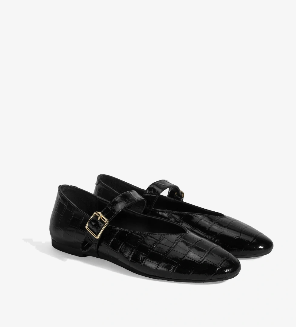 Kadın Siyah Kroko Baskılı Mary Jane Deri Babet - Görsel 1