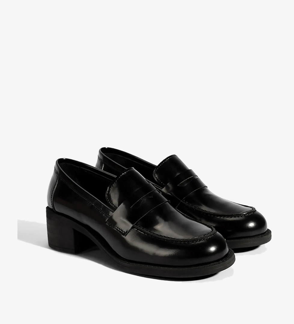 Kadın Siyah Topuklu Deri Loafer - Görsel 1