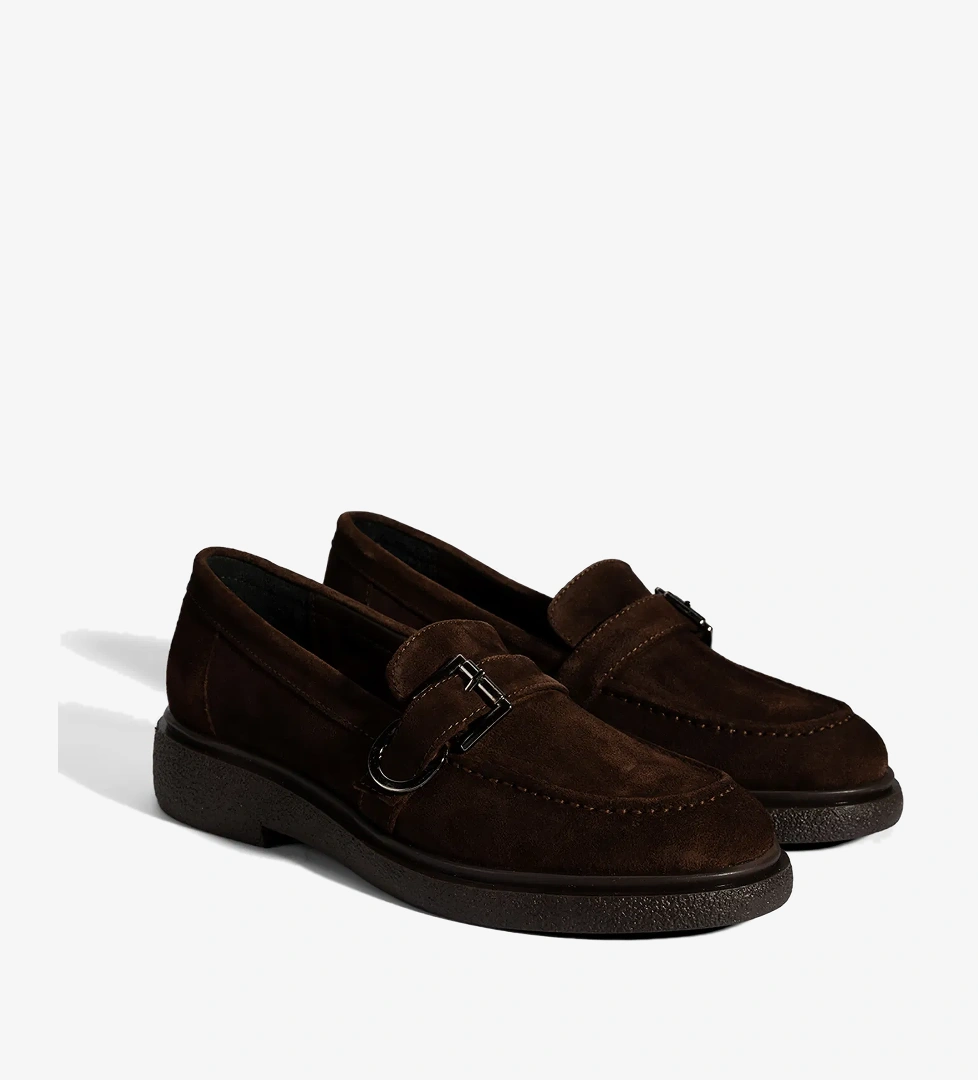 Kadın Kahve Metal Toka Detaylı Süet Loafer - Görsel 1