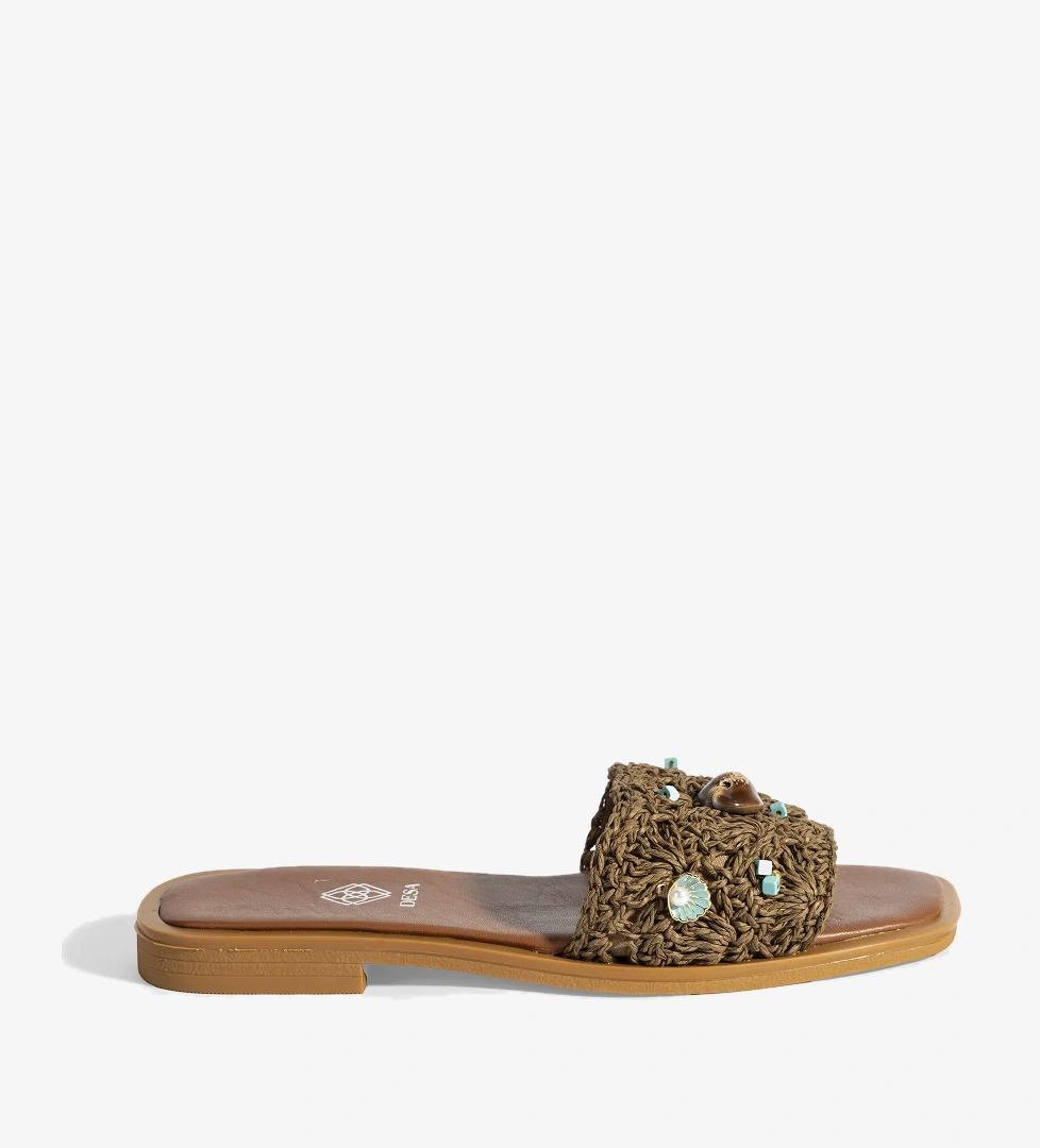 Desa Kadın Kahve Boncuk İşlemeli Hasır Terlik model görseli