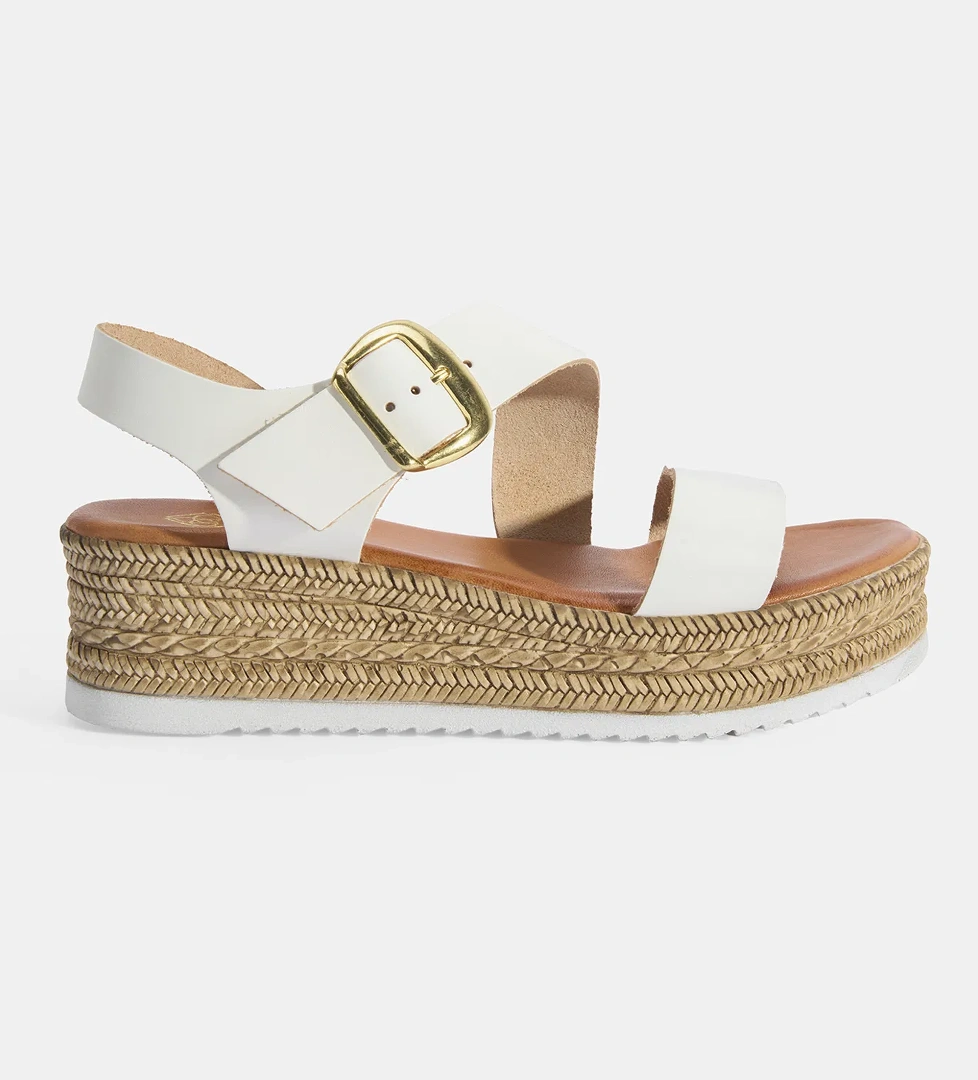 Kadın Beyaz Ayarlanabilir Tokalı Dolgu Topuklu Deri Sandalet