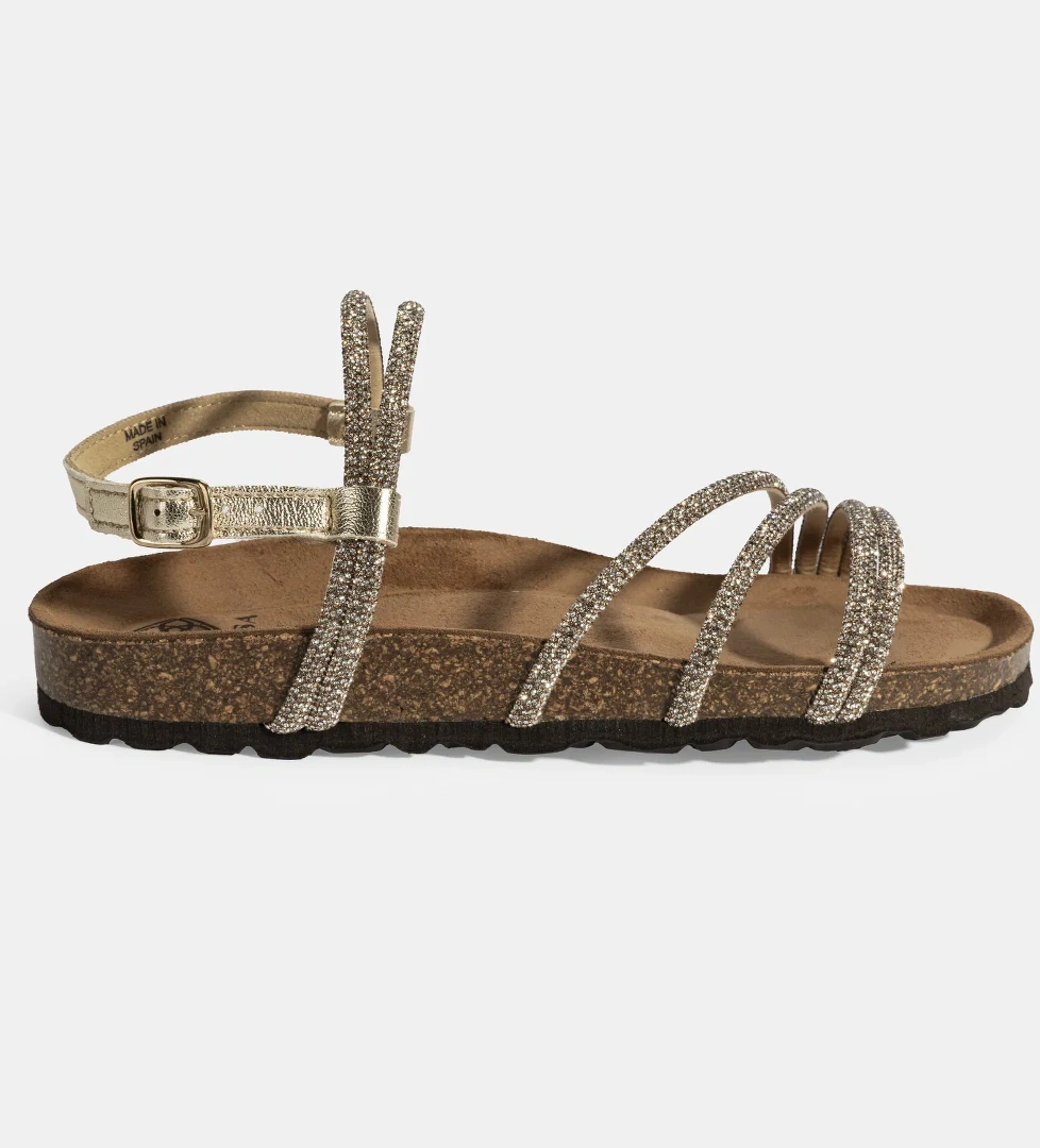 Kadın Altın Ayarlanabilir Tokalı Taş Detaylı Sandalet - Görsel 1