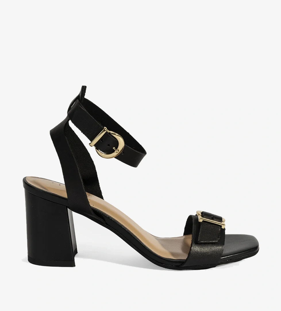 Kadın Siyah Ayarlanabilir Tokalı Deri Topuklu Sandalet - Görsel 1