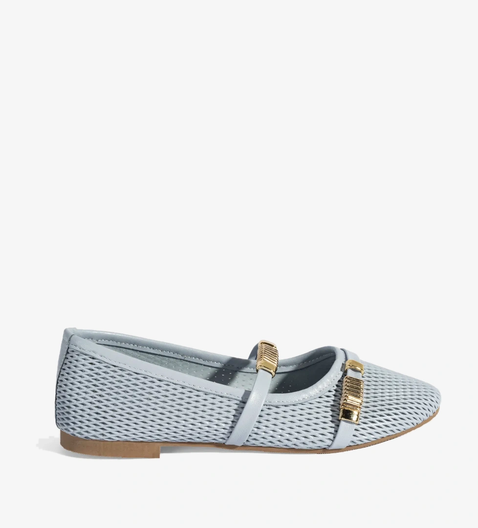 Kadın Mavi Metal Toka Aksesuarlı Deri Babet - Görsel 1