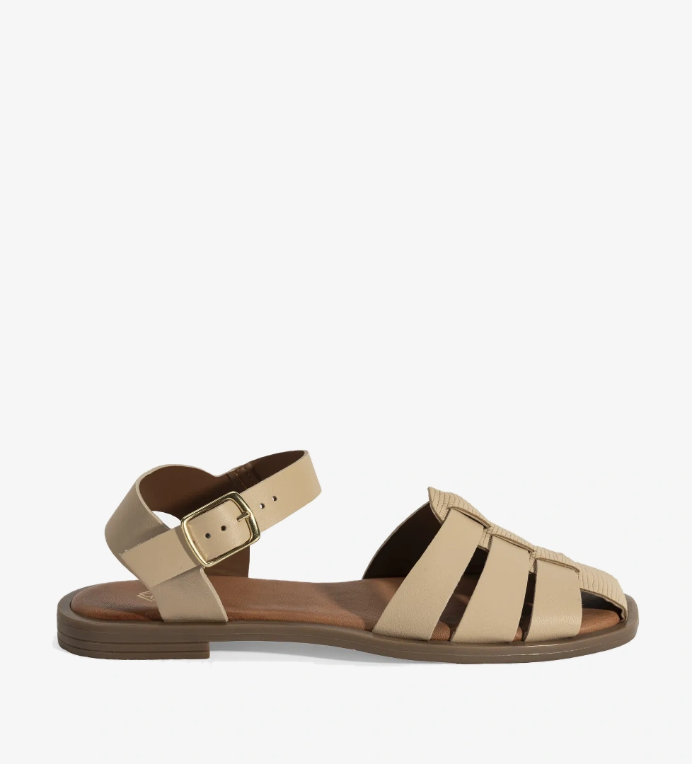 Kadın Bej Ayarlanabilir Tokalı Deri Sandalet