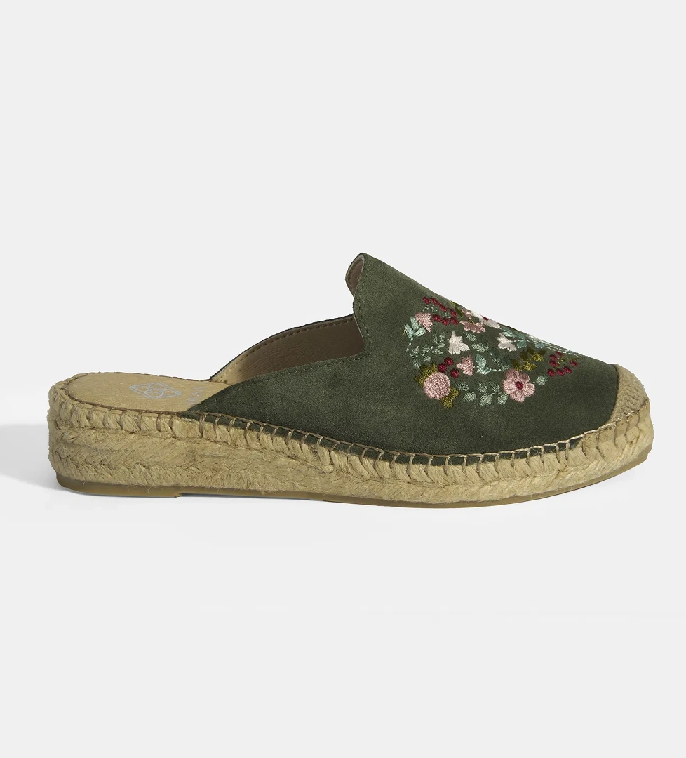 Limited Edition Yeşil Kadın Çiçek Nakışlı Süet Espadril Terlik