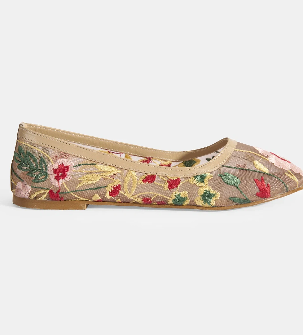 Kadın Ten Nakış İşleme Detaylı Fileli Babet - Görsel 1