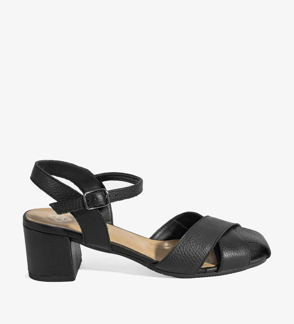 Kadın Siyah Ayarlanabilir Tokalı Deri Topuklu Sandalet - Görsel 1
