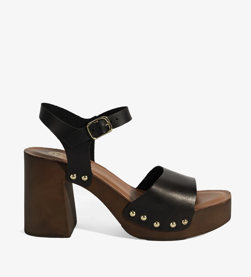 Kadın Siyah Ayarlanabilir Tokalı Deri Topuklu Sandalet - Görsel 1