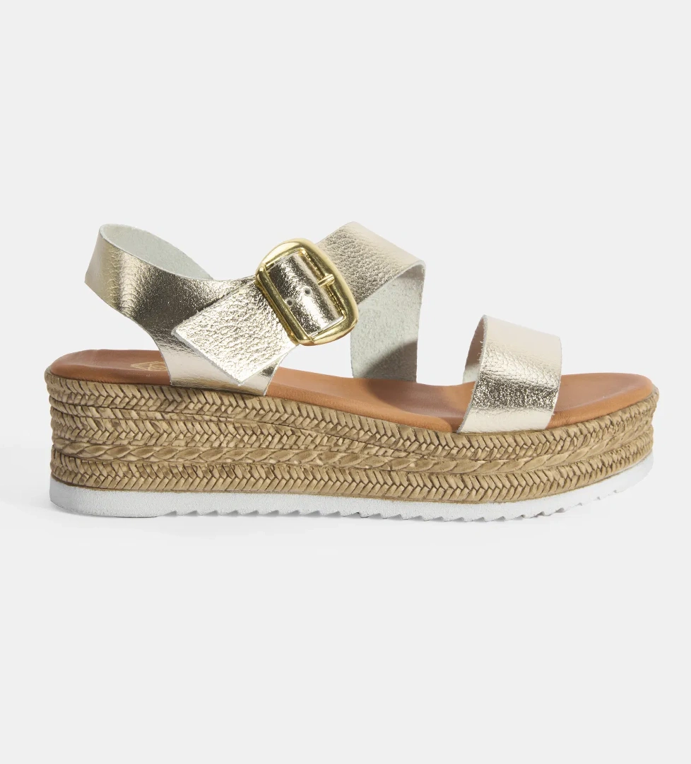 Kadın Gold Ayarlanabilir Tokalı Dolgu Topuklu Deri Sandalet - Görsel 1