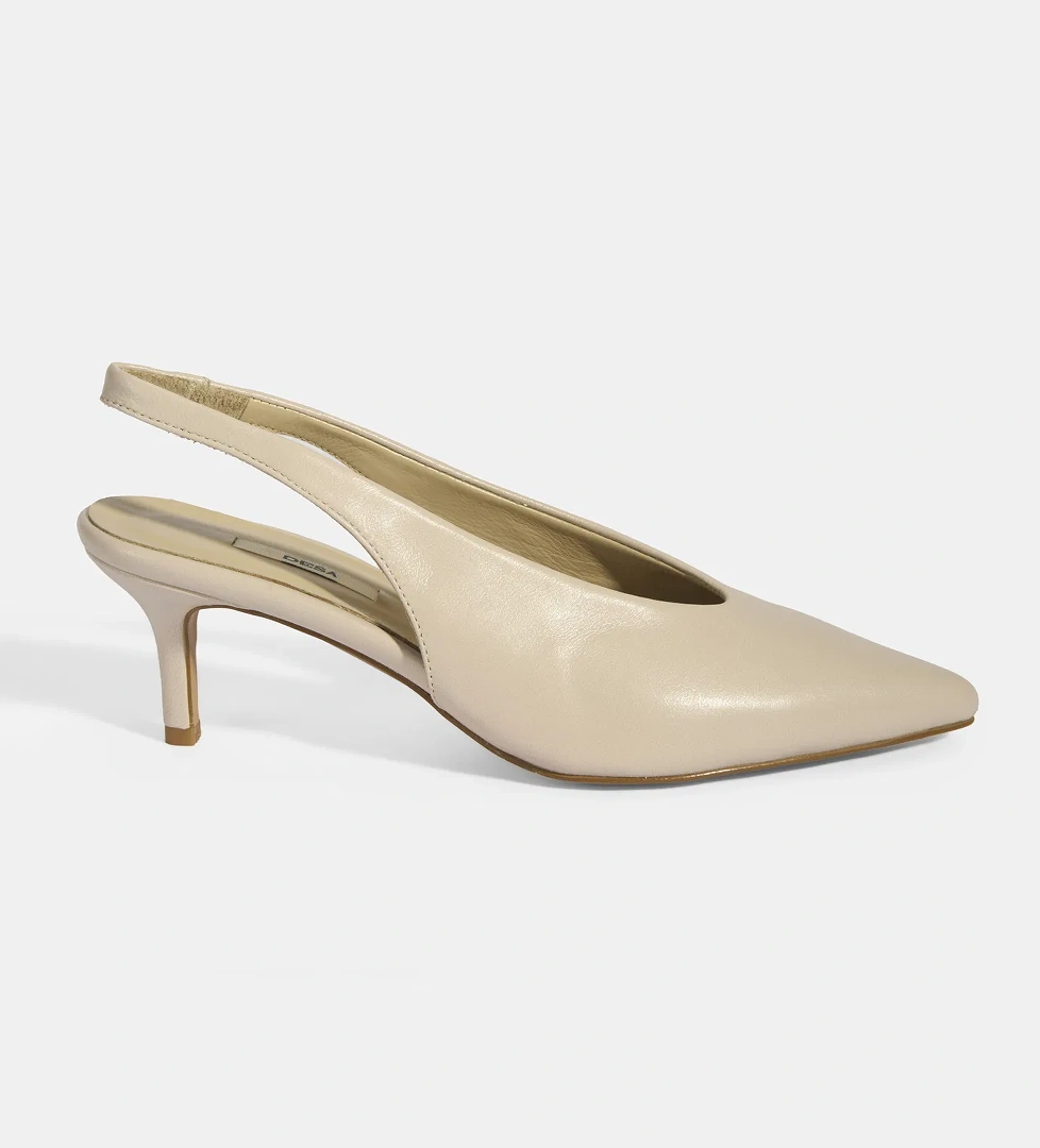 Kadın Krem Slingback Deri Topuklu Ayakkabı