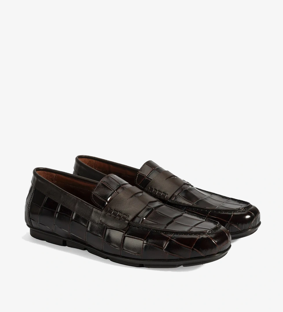 Erkek Kahve Kroko Baskılı Deri Loafer