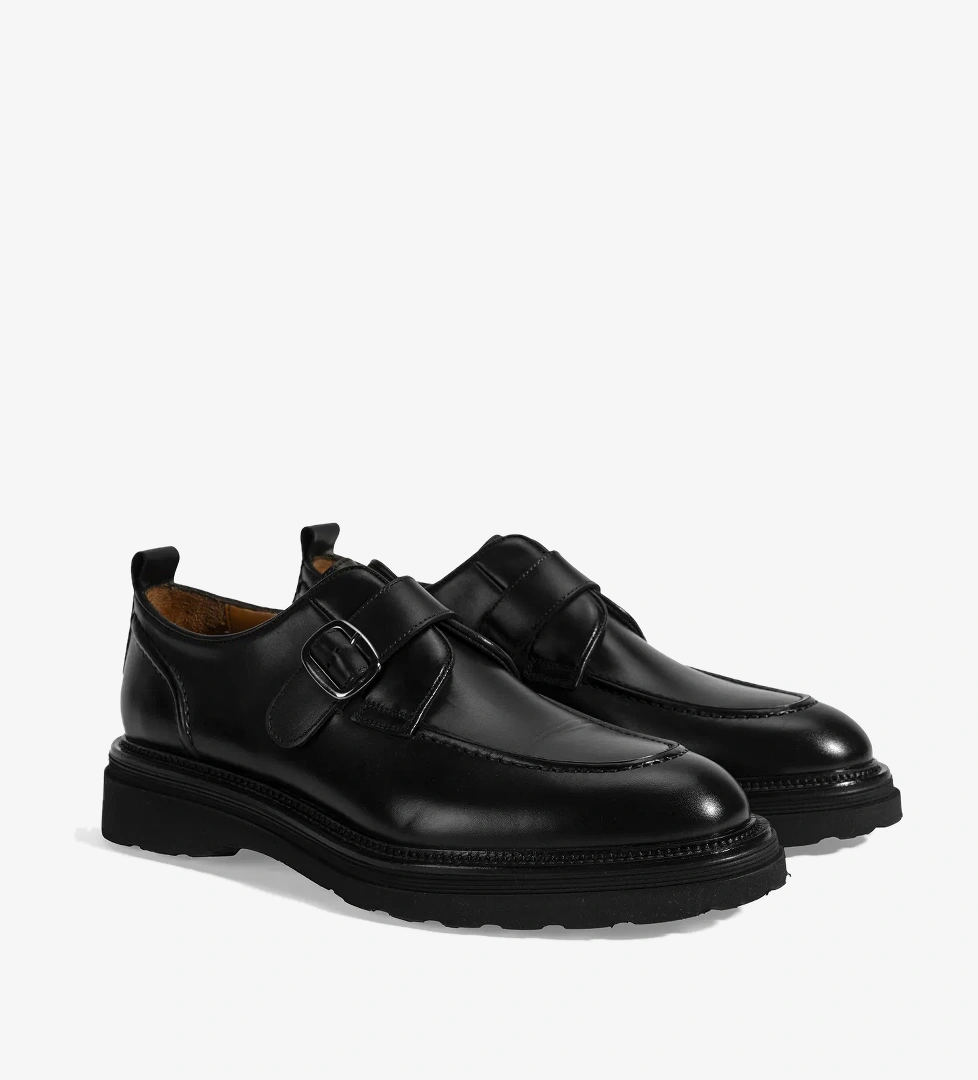 Erkek Siyah Ayarlanabilir Tokalı Deri Günlük Ayakkabı