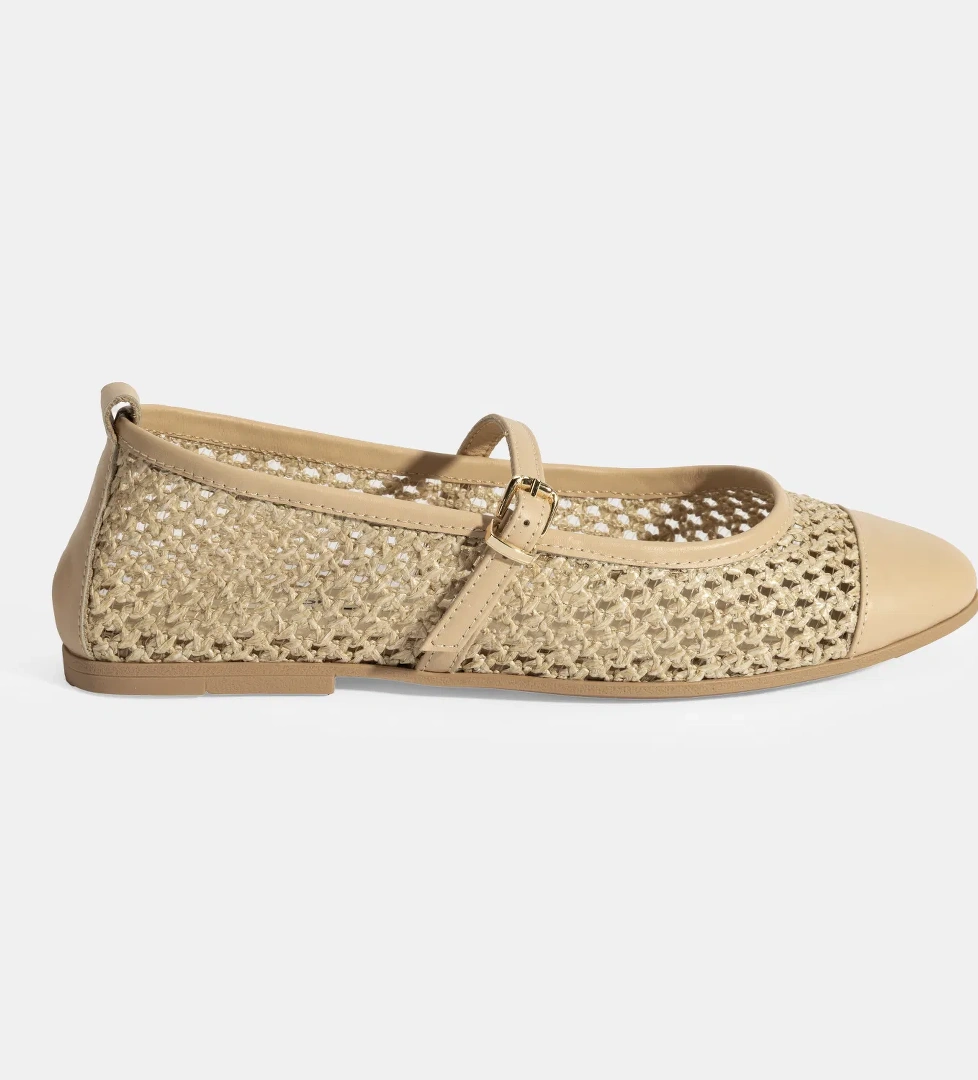 Kadın Bej Ayarlanabilir Tokalı Hasır Babet - Görsel 1