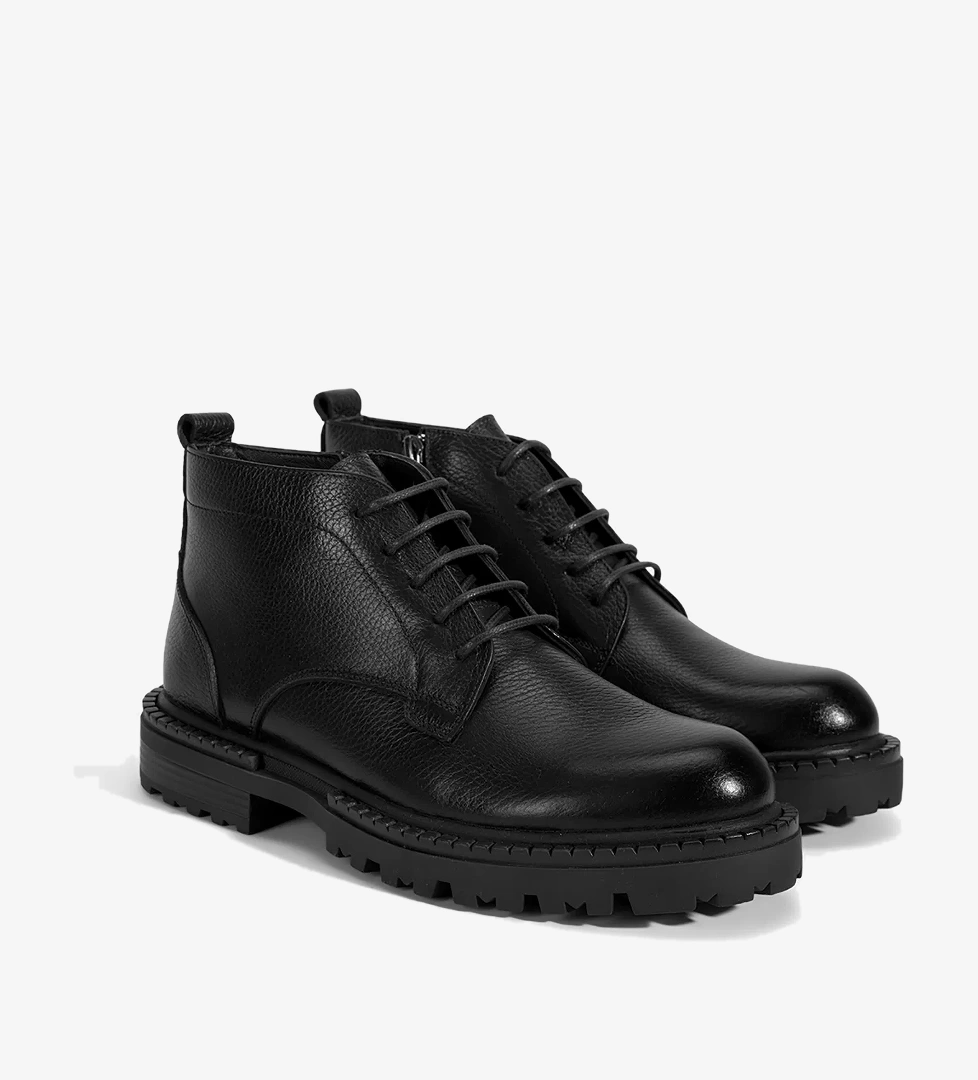 Erkek Siyah Bağcıklı Kalın Tabanlı Deri Postal Bot