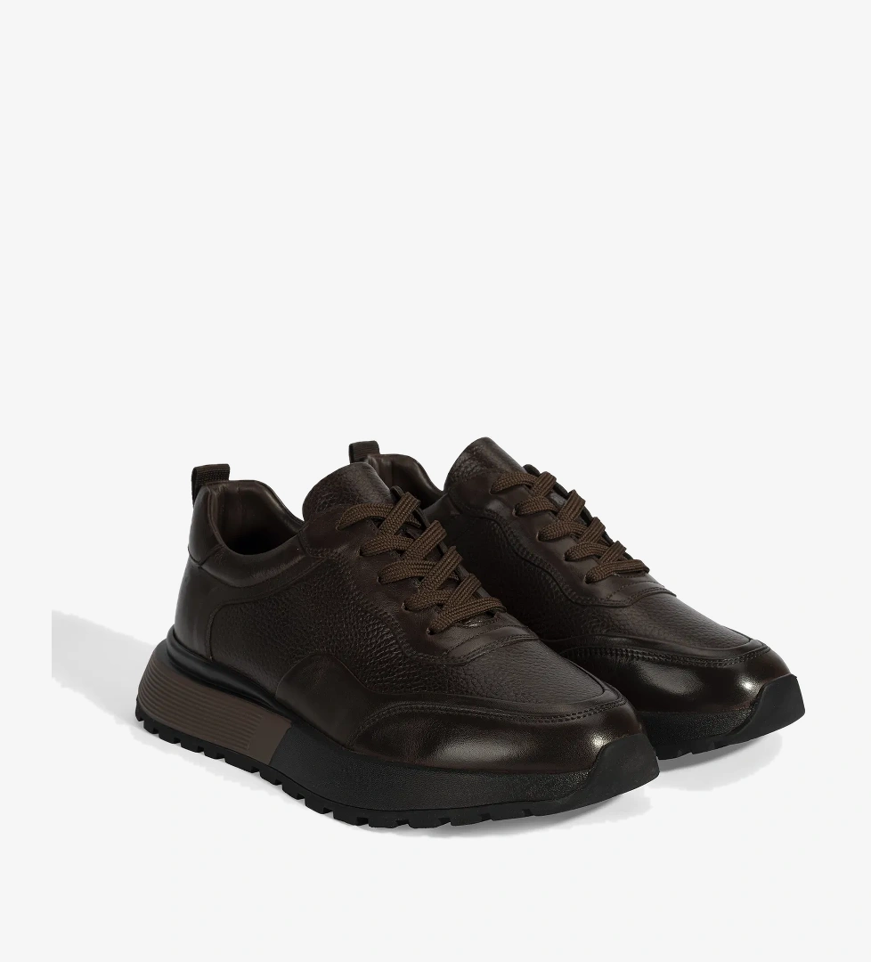 Erkek Kahve Bağcıklı Kalın Tabanlı Deri Sneaker