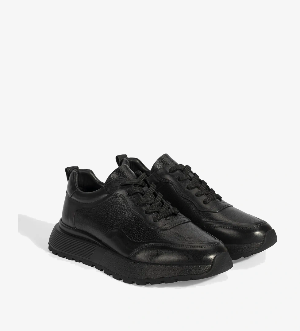 Erkek Siyah Bağcıklı Kalın Tabanlı Deri Sneaker - Görsel 1