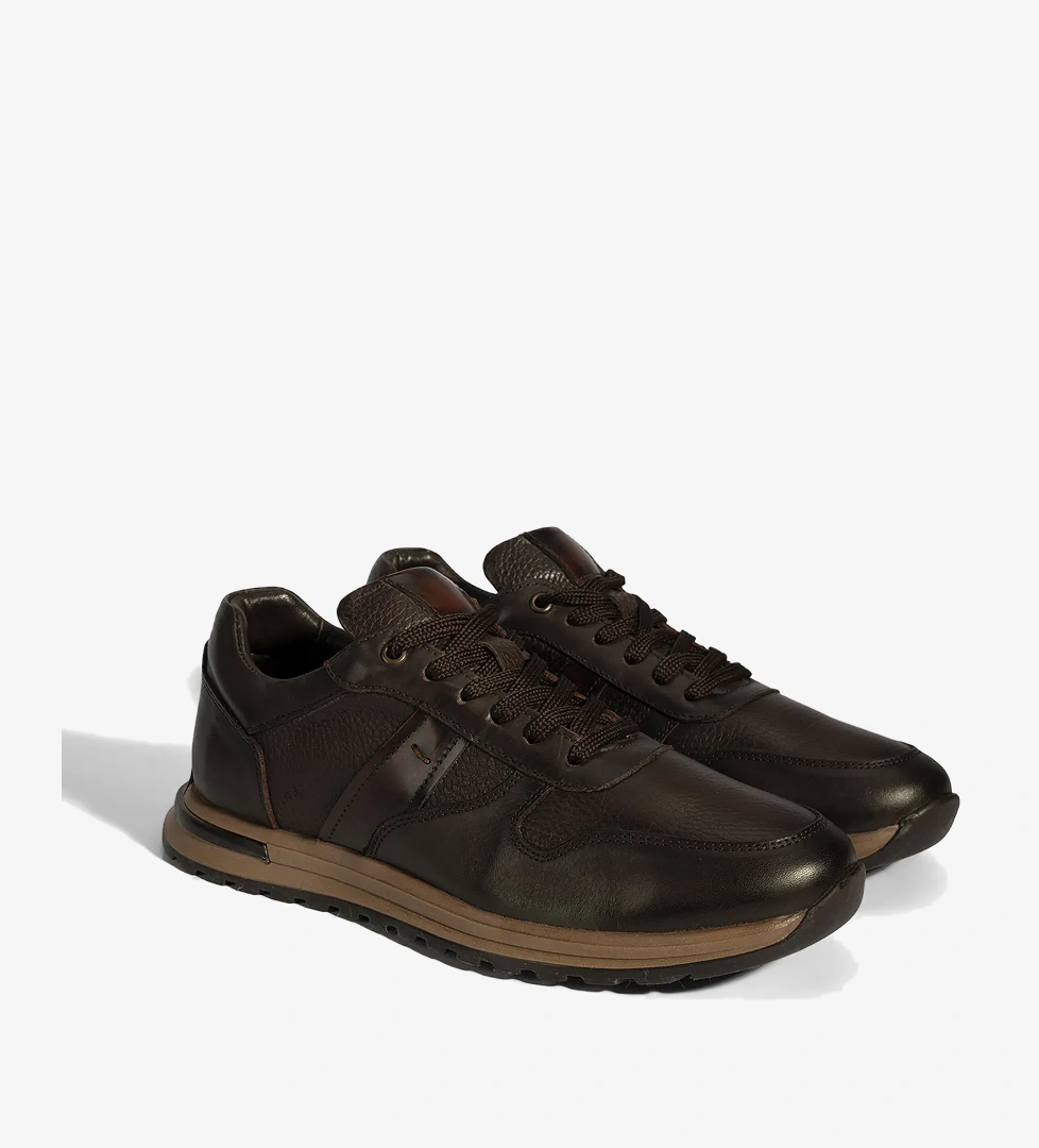 Erkek Kahve Bağcıklı Deri Sneaker