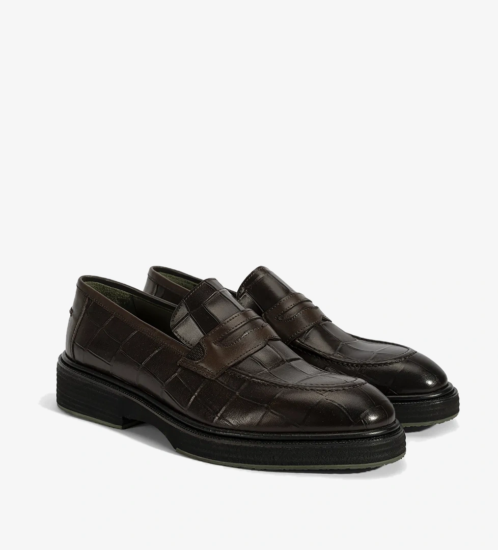 Erkek Kahve Kroko Baskılı Deri Loafer - Görsel 1