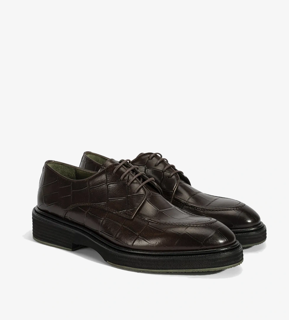 Erkek Kahve Bağcıklı Kroko Baskılı Deri Klasik Ayakkabı