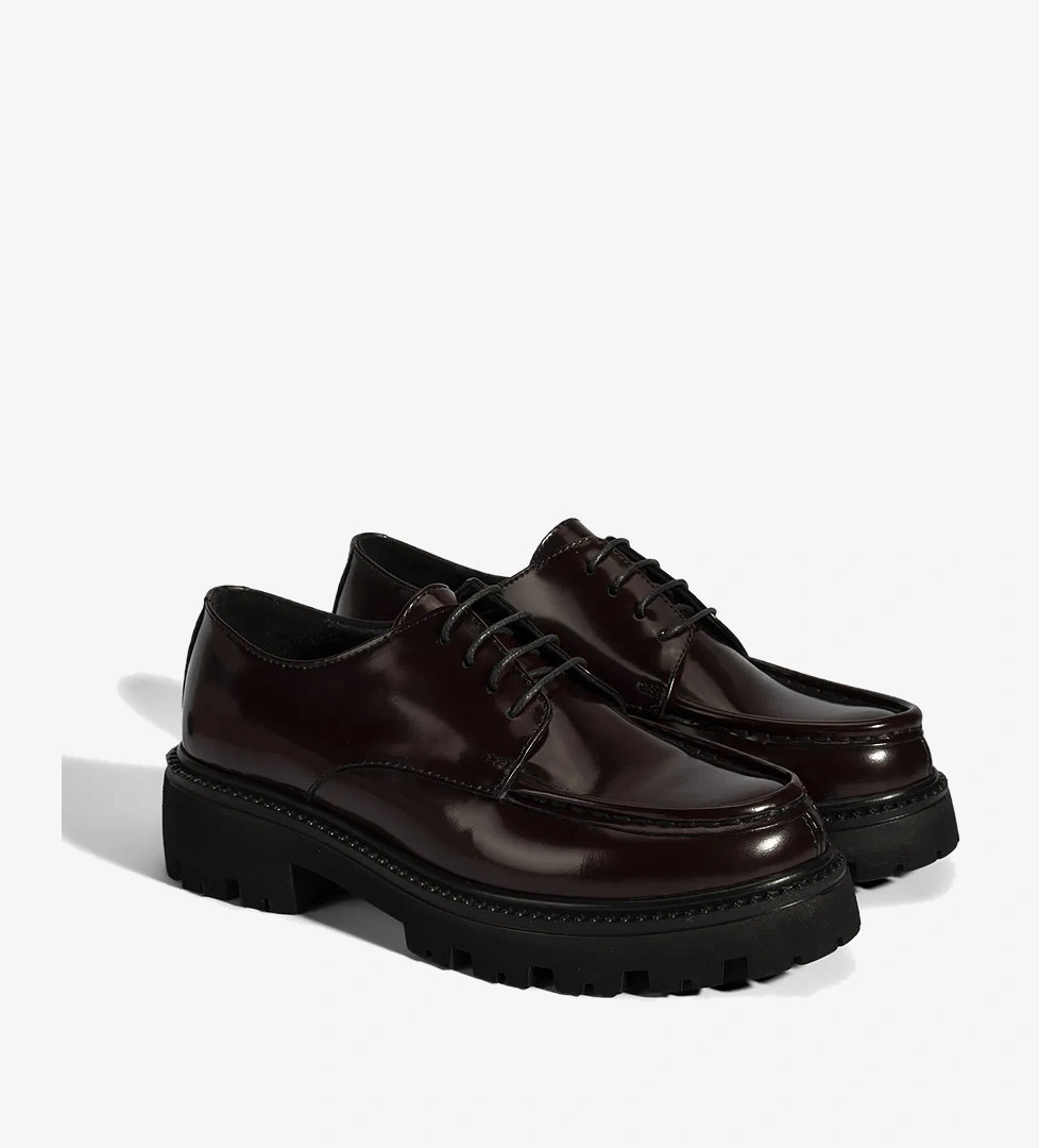 Kadın Bordo Bağcıklı Kalın Tabanlı Deri Günlük Ayakkabı - Görsel 1