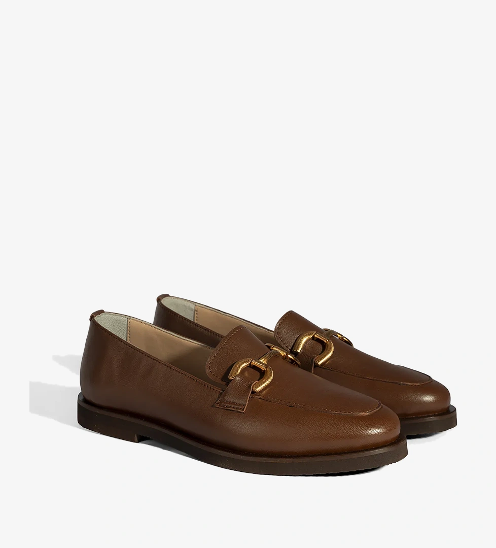 Kadın Taba Metal Toka Aksesuarlı Deri Loafer - Görsel 1