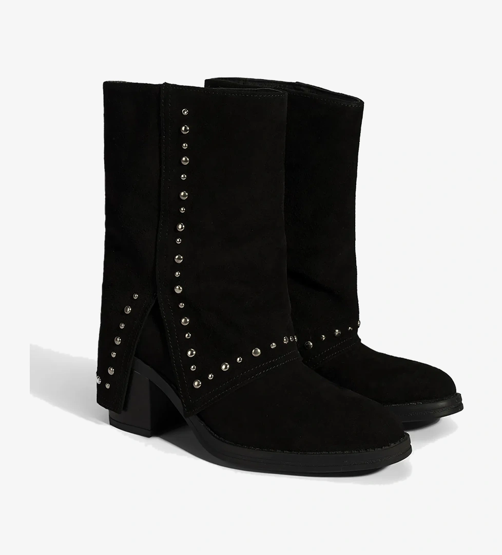 Kadın Siyah Zımba Detaylı Kalın Topuklu Süet Bot