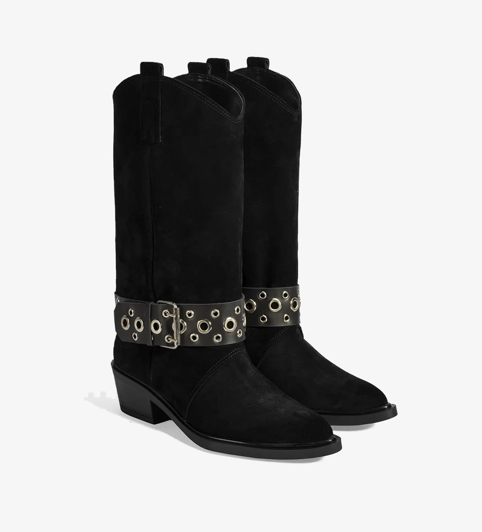 Kadın Siyah Ayarlanabilir Kemer Aksesuarlı Süet Bot