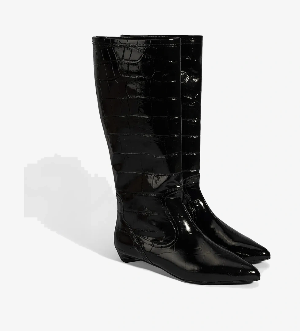 Kadın Siyah Kroko Baskılı İnce Topuklu Rugan Deri Çizme