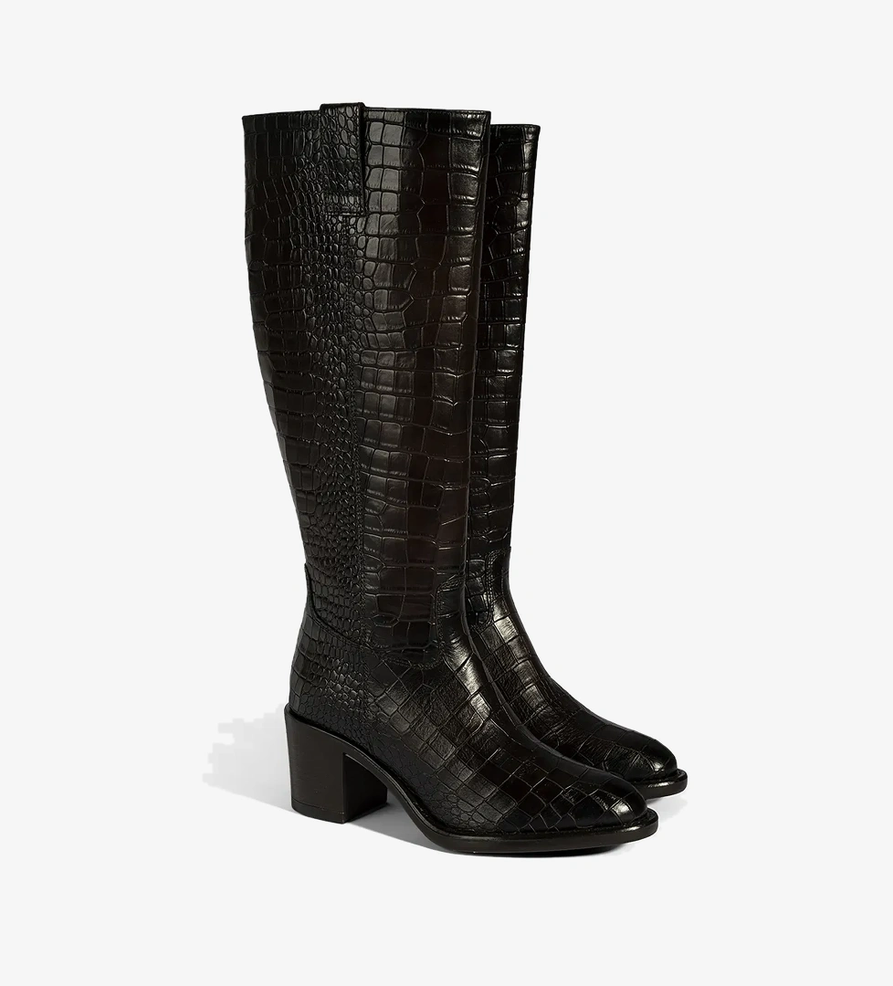 Kadın Kahve Kroko Baskılı Kalın Topuklu Deri Çizme - Görsel 1