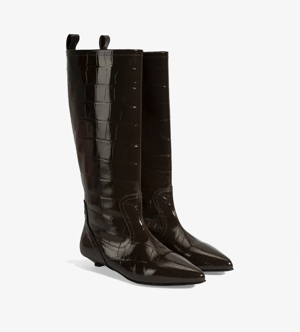 Kadın Kahve Kroko Baskılı İnce Topuklu Rugan Deri Çizme - Görsel 1