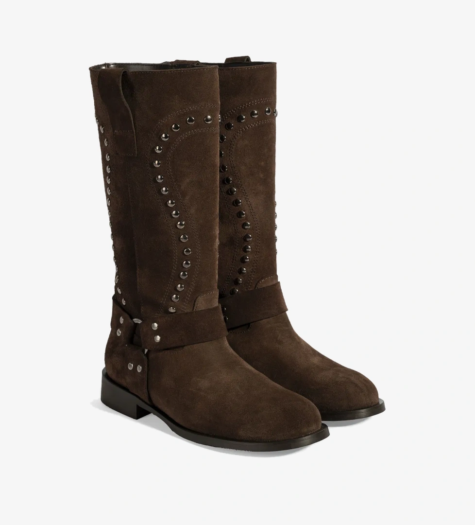 Kadın Kahve Zımba Detaylı Süet Deri Çizme - Görsel 1