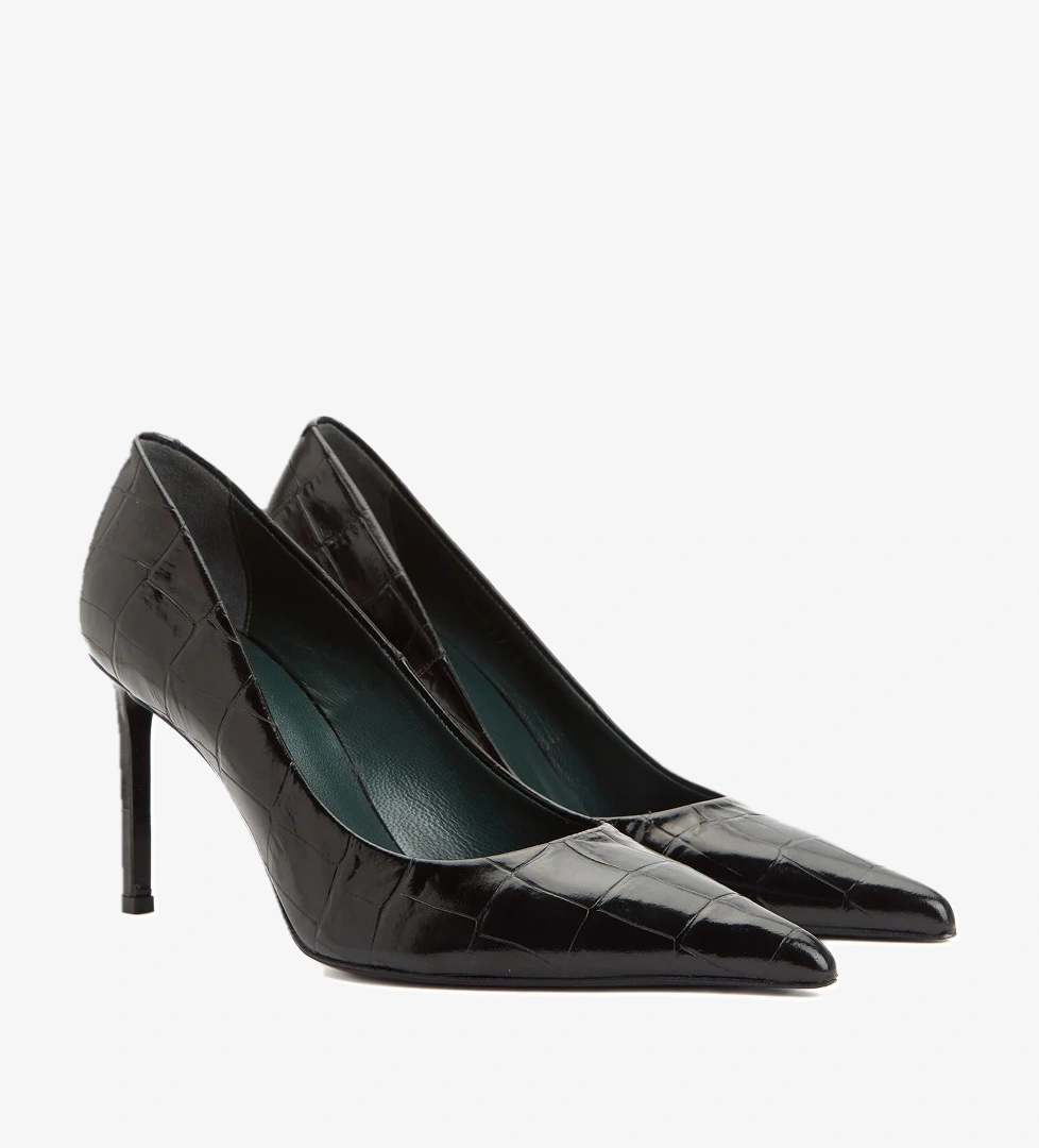 George Hogg Kadın Siyah Kroko Desenli Deri Topuklu Ayakkabı