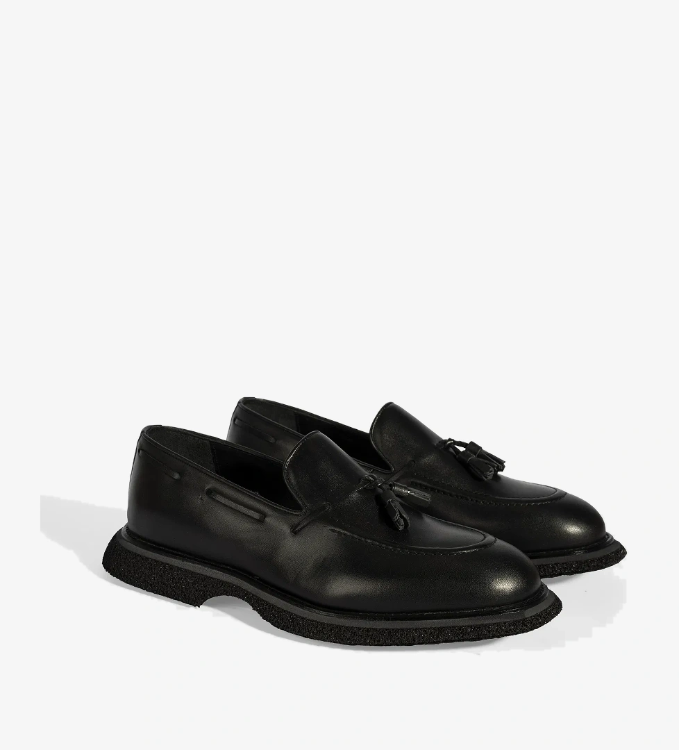 Erkek Siyah Püskül Detaylı Deri Loafer