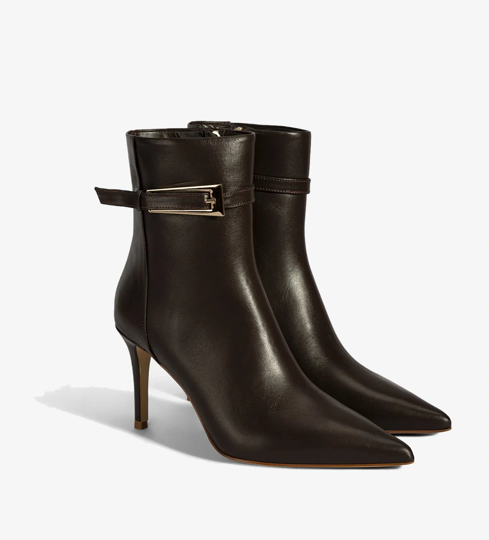 Kadın Kahve Metal Tokalı İnce Topuklu Deri Bot