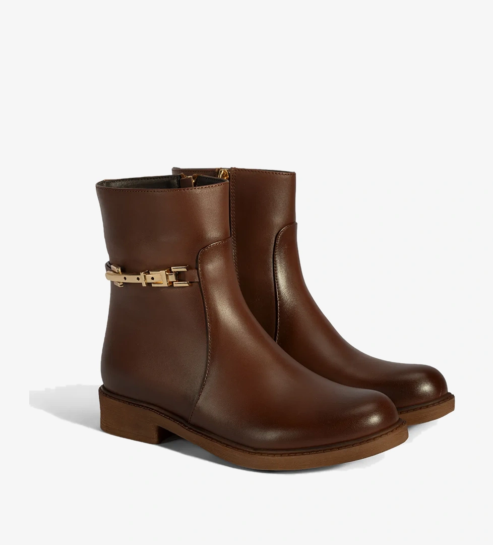 Kadın Taba Metal Aksesuarlı Deri Bot