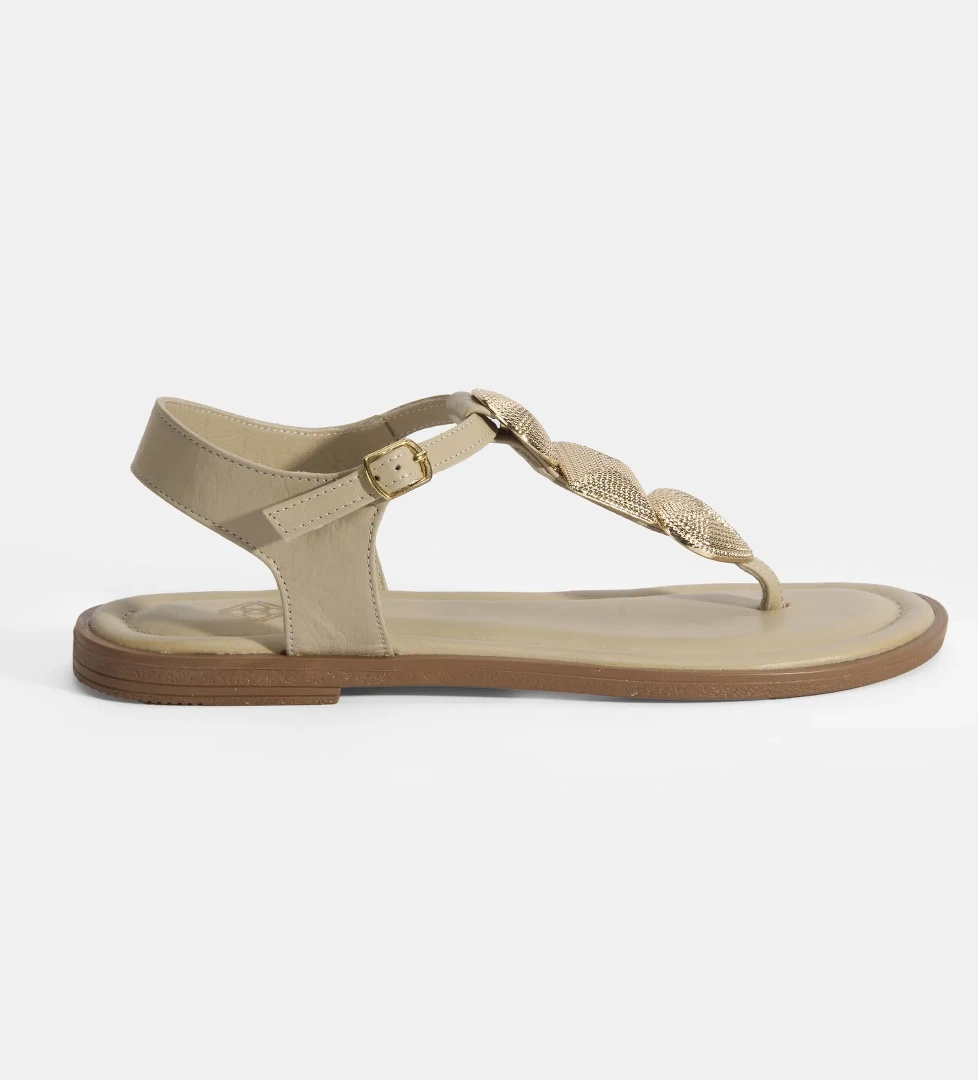 Kadın Krem Ayarlanabilir Tokalı Deri Sandalet - Görsel 1