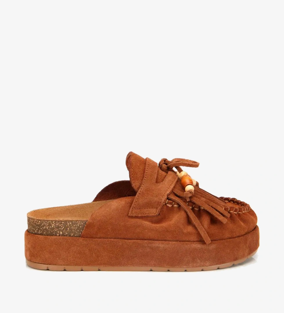 Kadın Süet Deri Taba Püsküllü Kalın Tabanlı Terlik - Görsel 1