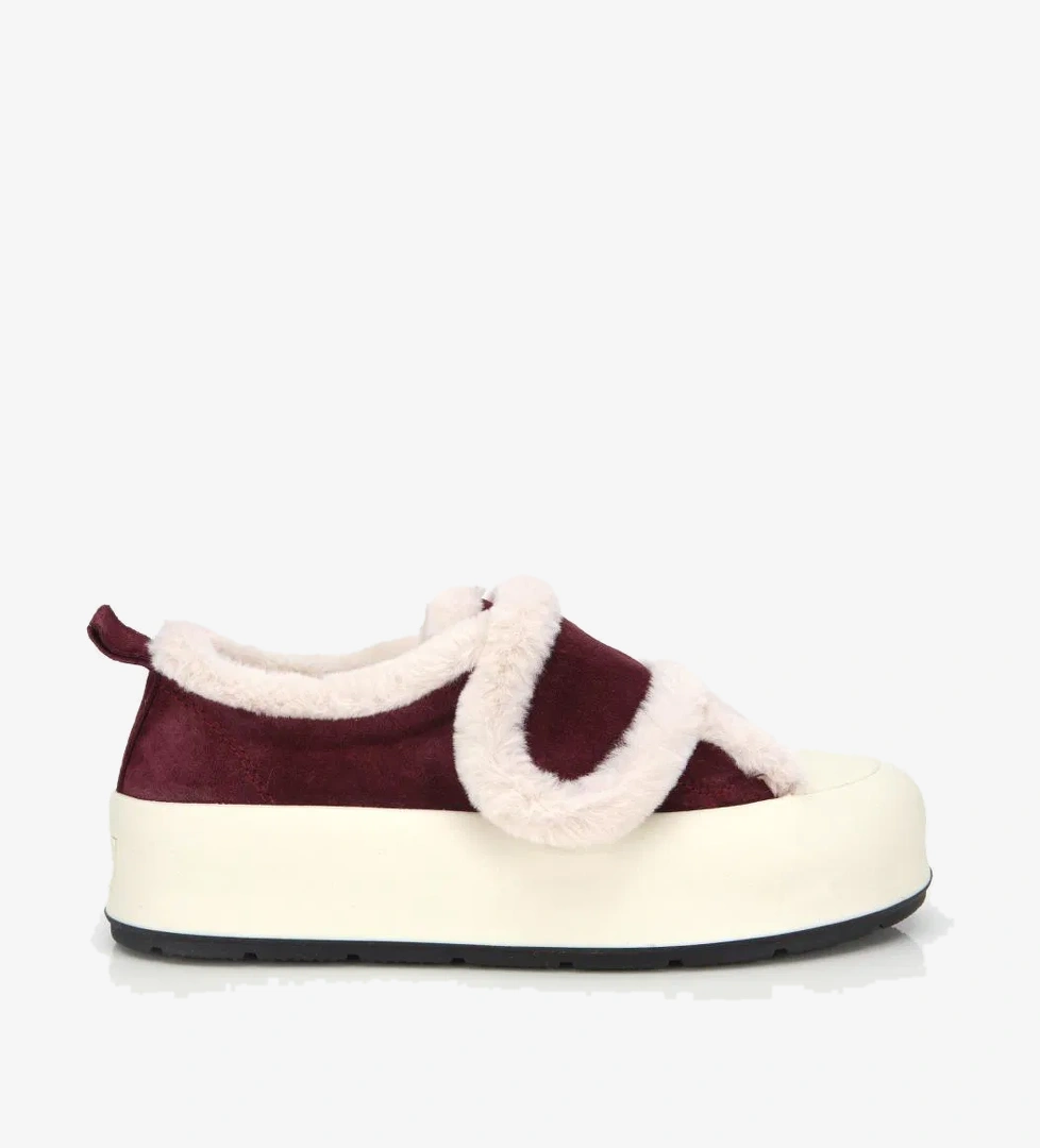 Kadın Süet Deri Bordo İçi Kürklü Kalın Bantlı Spor Ayakkabı