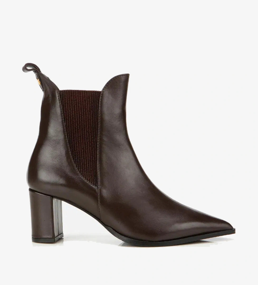 Kadın Deri Kahverengi Sivri Burunlu Streç Detaylı Bilekte Topuklu Bot