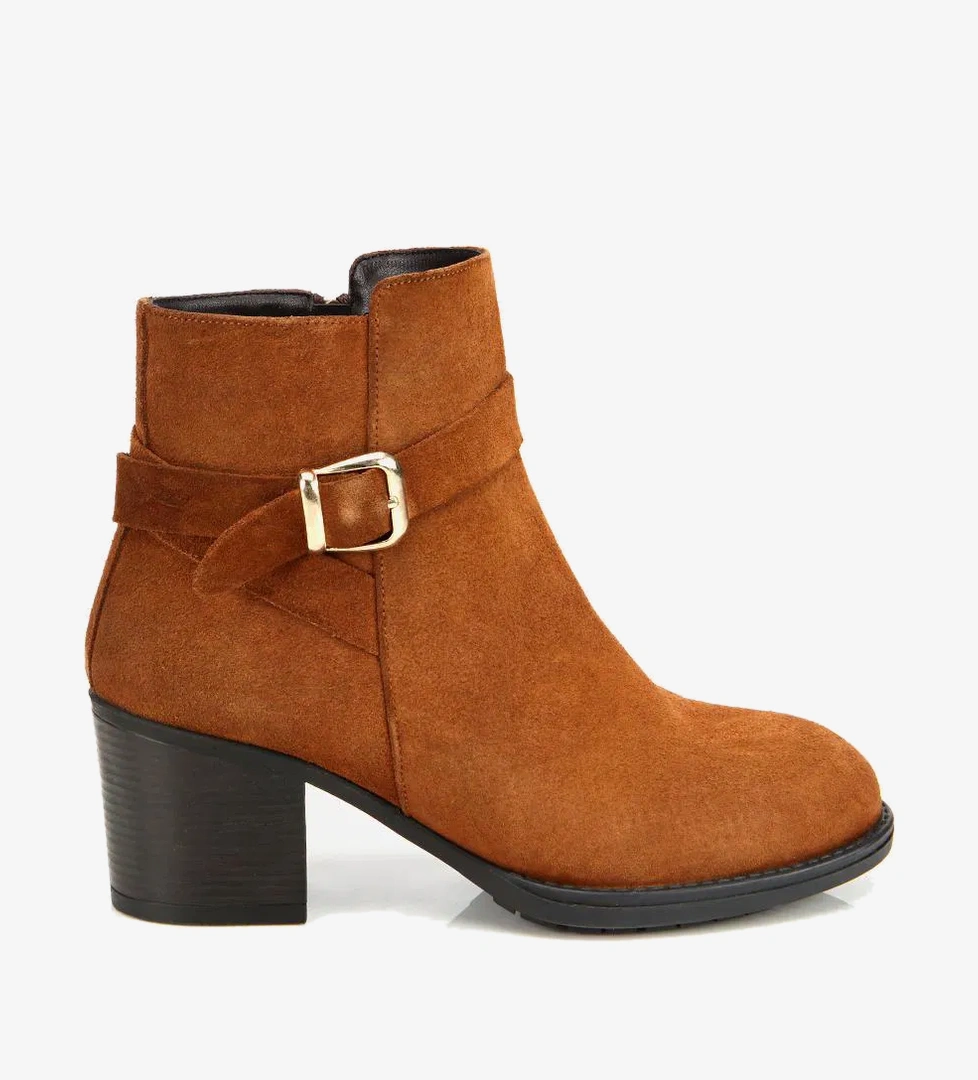 Kadın Süet Deri Taba Tokalı Bilekte Topuklu Bot - Görsel 1