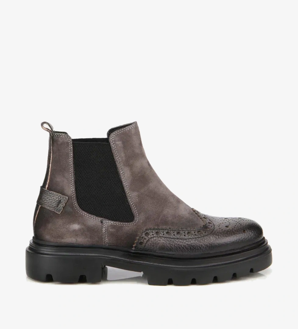 Erkek Süet Deri Gri Lastik Detaylı İşlemeli Chelsea Bot