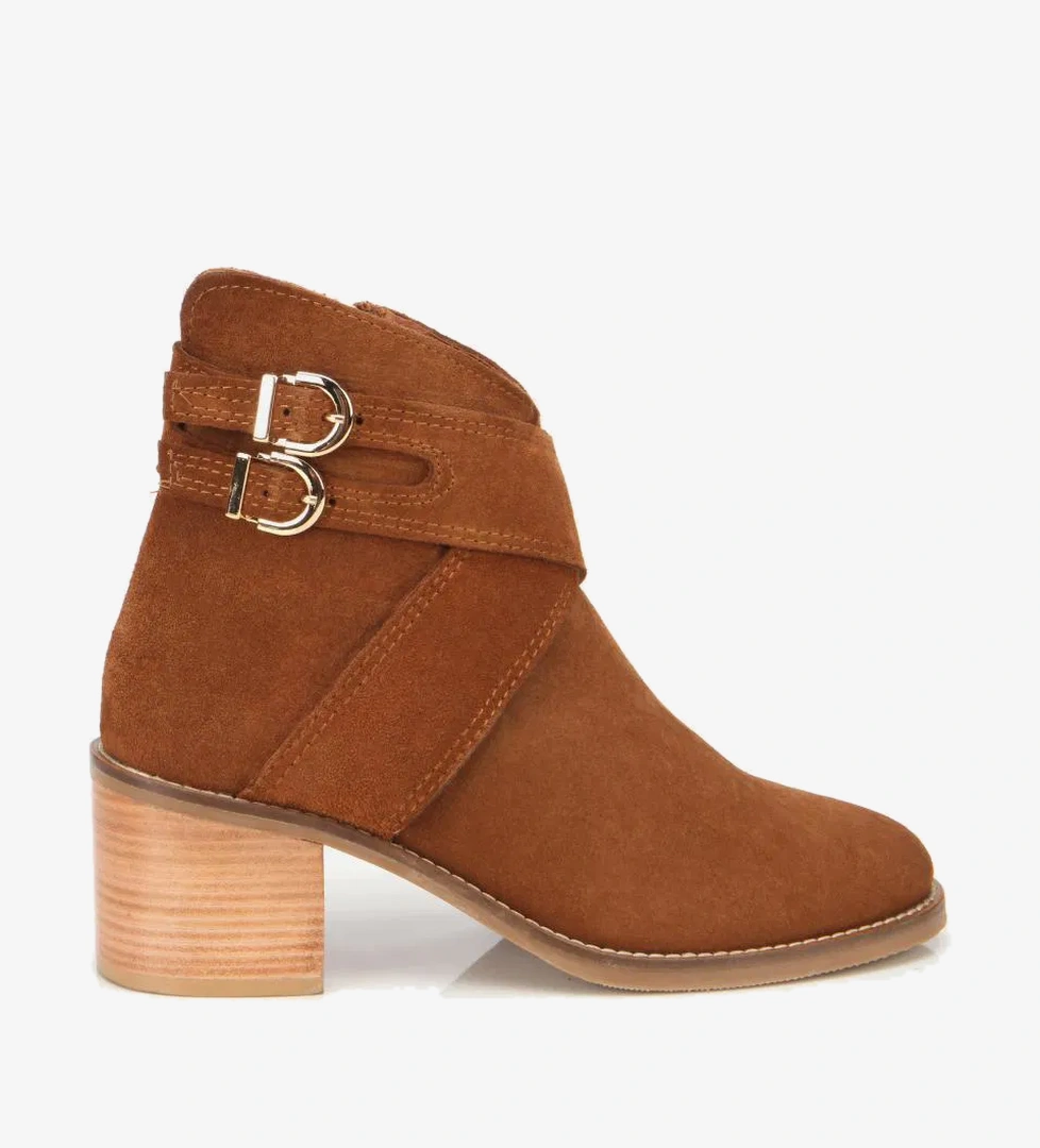 Kadın Süet Deri Taba Gold Detaylı Tokalı Topuklu Bot - Görsel 1