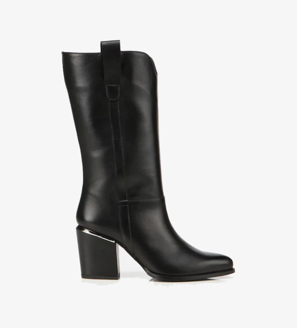 Kadın Deri Siyah Metal Detaylı Topuklu Çizme - Görsel 1