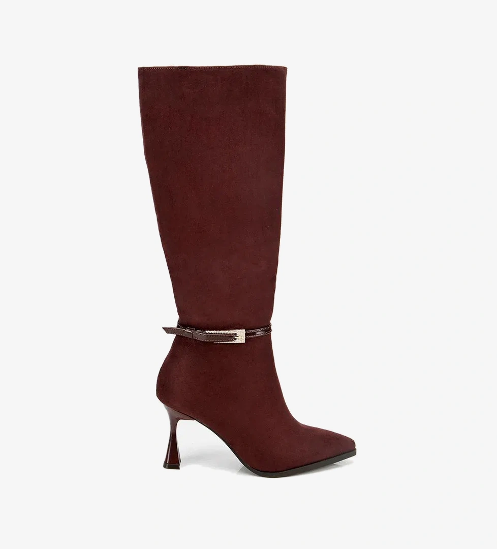 Kadın Süet Kahverengi Tokalı İnce Topuklu Bot