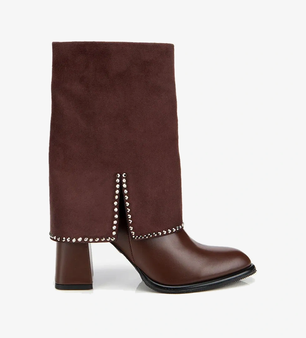 Kadın Kahverengi Pantolon Görünümlü Zımbalı Kalın Topuklu Bot - Görsel 1