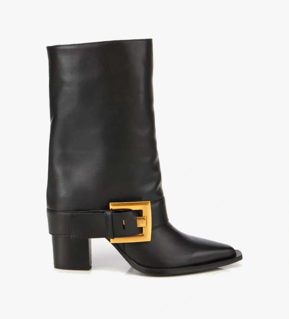 Kadın Deri Siyah Pantolon Görünümlü Gold Tokalı Kalın Topuklu Bot - Görsel 1