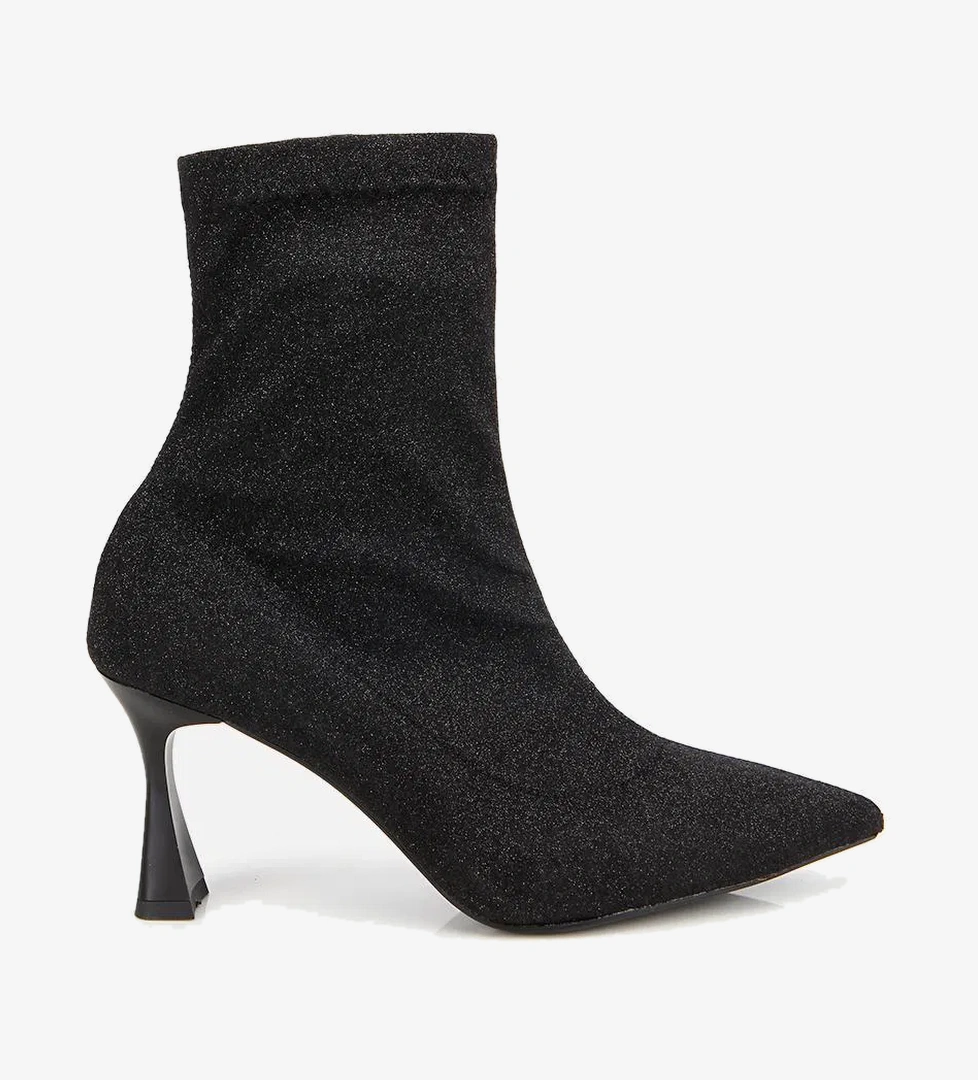 Kadın Siyah Simli Streç Fermuarlı Bilekte İnce Topuklu Bot - Görsel 1